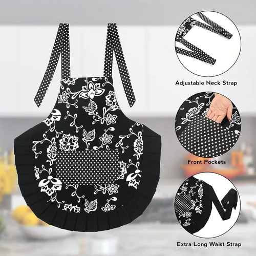 Miniatura 3 de G2PLUS Delantal de cocina floral vintage para mujer, delantal de cocina con dobladillo plisado negro con bolsillo, delantal de algodón retro