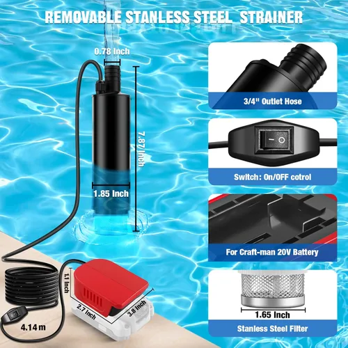 Miniatura 2 de Bomba de agua sumergible para batería Craftsman de 20 V, 635 GPH 100 W, bomba de transferencia de agua inalámbrica para tina, estanque, jardín