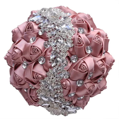 Miniatura 10 de XINNI Ramo de boda verde esmeralda para novia, dama de honor, satén rosa, ramo de boda con diamantes de imitación en forma de lluvia de meteoritos