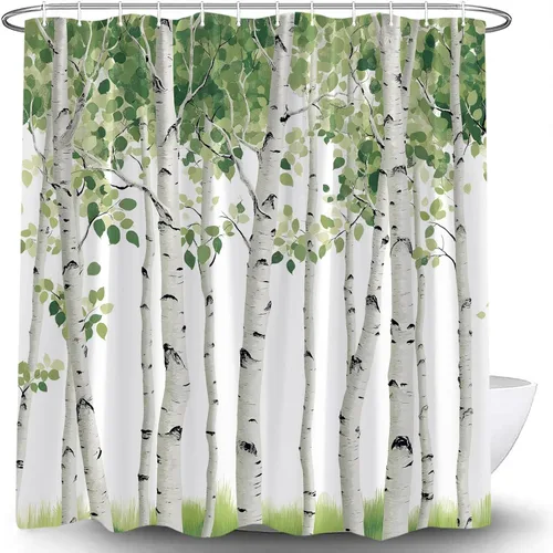 Miniatura 2 de Cortina de ducha de árbol de abedul, hojas verdes, paisaje de bosque, primavera, acuarela, planta rústica, paisaje, cortina de baño con ganchos