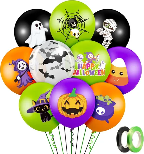 Decoración de 50 globos de Halloween, adorables globos de látex de calabaza y araña espeluznante, fiesta de primer cumpleaños, suministros de ducha