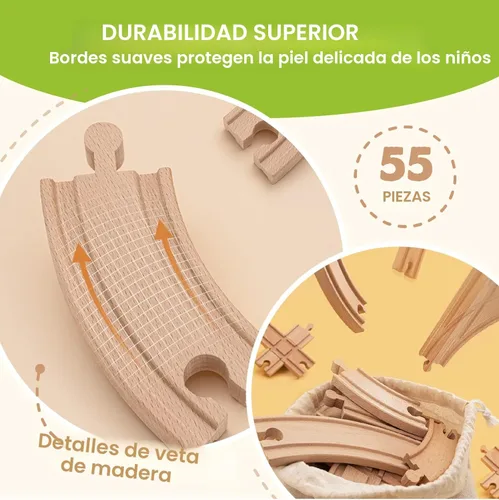 Miniatura 9 de Tiny Land 55 piezas de juego de tren de madera - Compatible con pistas de marcas principales, juguete educativo para niños de 3 a 7 años, duraderos