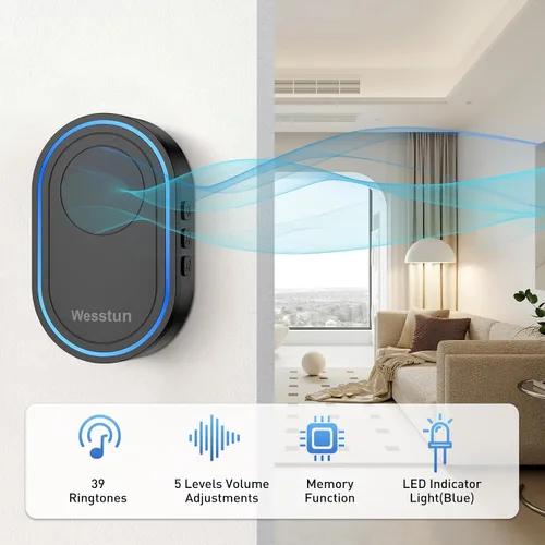 Miniatura 3 de Timbre inalámbrico, impermeable IP67, con 39 campanillas, 5 niveles de ajuste de volumen e indicador LED, fácil de instalar en casa, aula y almacén
