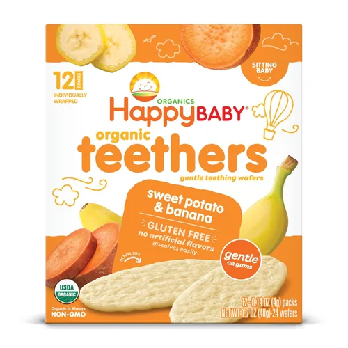 Happy Baby Diente suave Detectores orgánicos de dentición orgánica Banana Sweet Potato, 12 Caja de conteo (paquete de 6) galletas de arroz calmantes