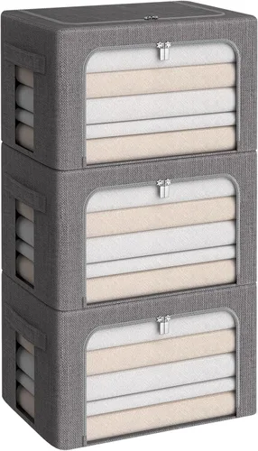 Miniatura 20 de CYhom Paquete de 3 contenedores plegables de almacenamiento - Caja de almacenamiento con marco de tela de lino apilable para ropa con ventana