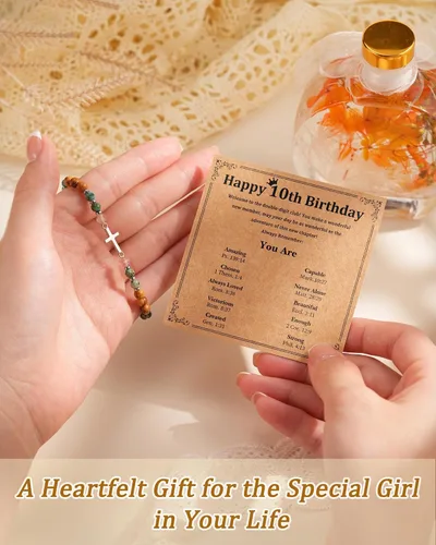 Miniatura 3 de Pulsera de cruz para niñas de 10, 13, 16 años, regalos de cumpleaños, piedra natural, joyería cristiana ajustable con tarjeta inspiradora para hija