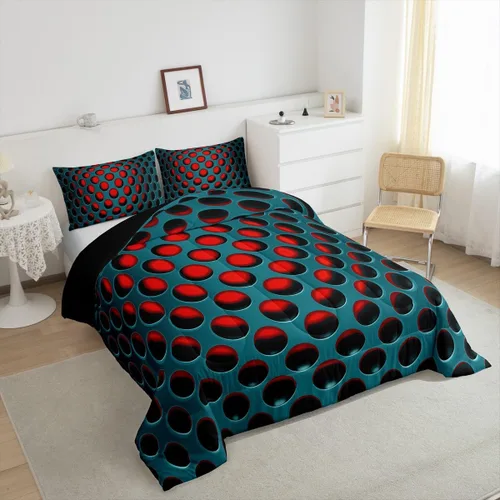 Miniatura 3 de Juego de edredón de nido de abeja, juego de ropa de cama geométrico verde y rojo, tamaño individual, juego de edredón reversible negro con colmena