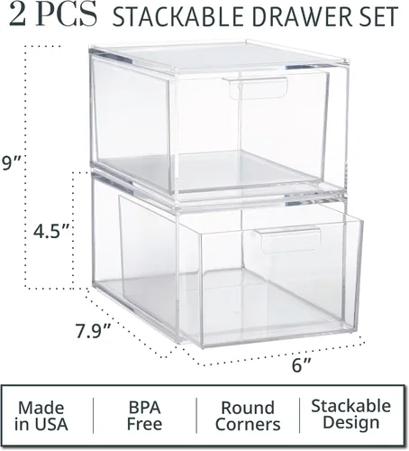 Miniatura 3 de STORi Audrey - Cajones organizadores apilables de plástico transparente Juego de 2 piezas Organiza cosméticos y suministros de belleza en un