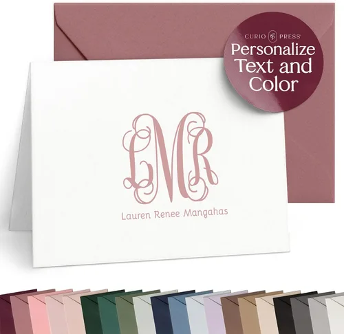 Miniatura 10 de Papelería plegada con cresta personalizada, tarjetas iniciales personalizadas para pareja con sobres, elegantes tarjetas de notas plegadas
