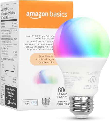 Bombilla LED inteligente A19 Amazon Basics, cambio de color, 9 W (equivalente a 60 W), 800 lm, funciona solo con Alexa, Wi-Fi de 2,4 GHz, no