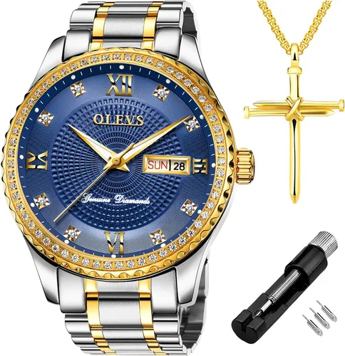 Miniatura 55 de OLEVS - Relojes de diamantes para hombres, relojes de vestir a prueba de agua, relojes analógicos de cuarzo de lujo con calendario de fecha y correa