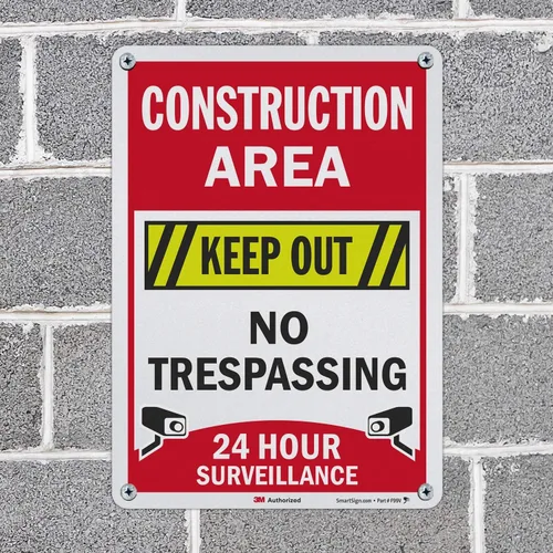 Miniatura 4 de SmartSign Letrero de "Área de construcción: Keep Out, No Trespassing, 24 Hour Surveillance" Aluminio reflectante de grado de ingeniero 3M de 10 x