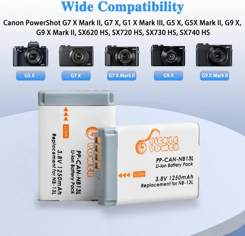 Miniatura 2 de Pickle Power Paquete de 2 baterías NB-13L y cargador dual LED para Canon PowerShot SX740 HS, G7 X Mark II, G7 X, G1 X Mark III, G5 X, G9 X, G9 X