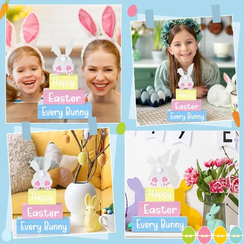 Miniatura 6 de 4 piezas de decoración de mesa de Pascua con texto en inglés «Happy Easter Every Bunny», letrero de madera de conejito pastel, bloques de madera