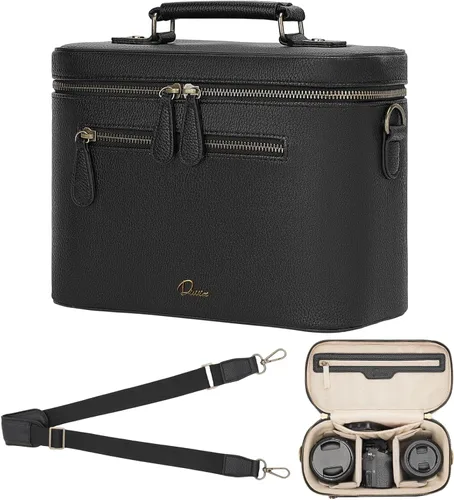 Bolsa de hombro para cámara tipo bandolera, impermeable, de piel sintética, para fotógrafos, pequeña, compatible con Canon Nikon Sony (Negro)