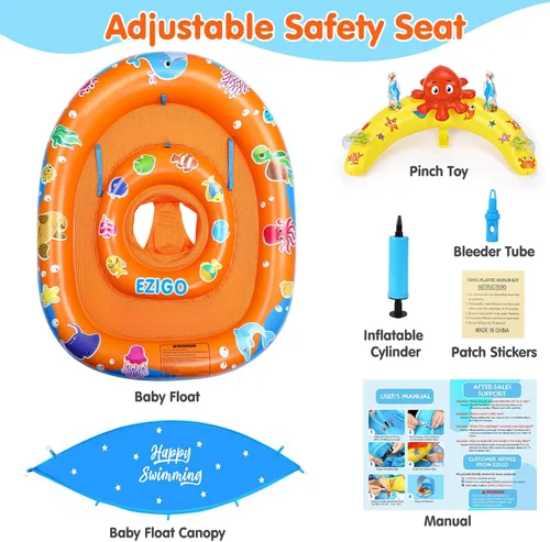 Miniatura 8 de EZIGO Baby Pool Float with Canopy UPF 50+ Sun Protection, Double Air Chambers Infants Swimming Floats with Sound Toys Adjustable Safety Seat Toddler