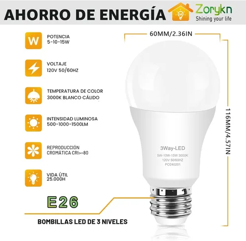 Miniatura 2 de Bombillas de 3 vías 50 100 150 blanco cálido, A19 3000K, 5/10/15W ahorro de energía 500 1000 1500 lúmenes, bombillas LED de base E26 perfectas