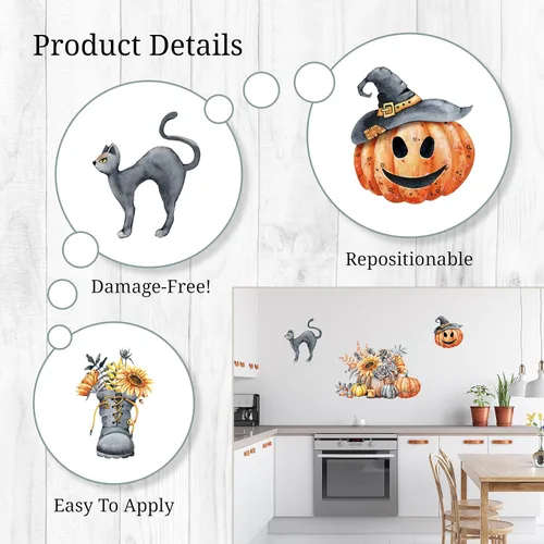 Miniatura 3 de Decalcomania - Calcomanías de pared para Halloween, juego de 31 calcomanías de decoración de calabazas de otoño para sala de estar, dormitorio