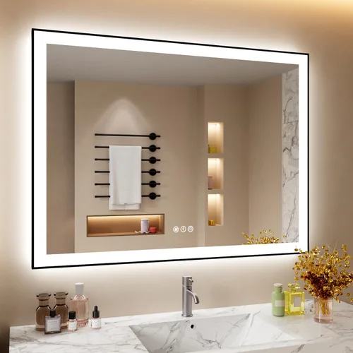 Miniatura 84 de Espejo de baño LED de 60x36 pulgadas con marco negro, espejos de baño retroiluminados y con luz frontal para pared, antiempañamiento, regulable