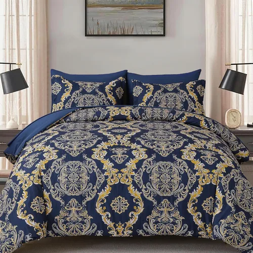 Miniatura 18 de WONGS BEDDING - Juego de edredón negro tamaño full, textura damasco dorado, juego de 7 piezas en una bolsa, de microfibra - 1 edredón, 1 sábana