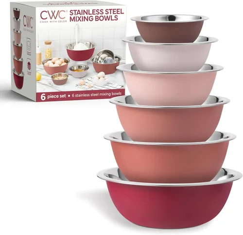 Miniatura 9 de COOK WITH COLOR Juego de cuencos de acero inoxidable para mezclar, 6 piezas, color plateado con fondo antideslizante Plata con parte inferior
