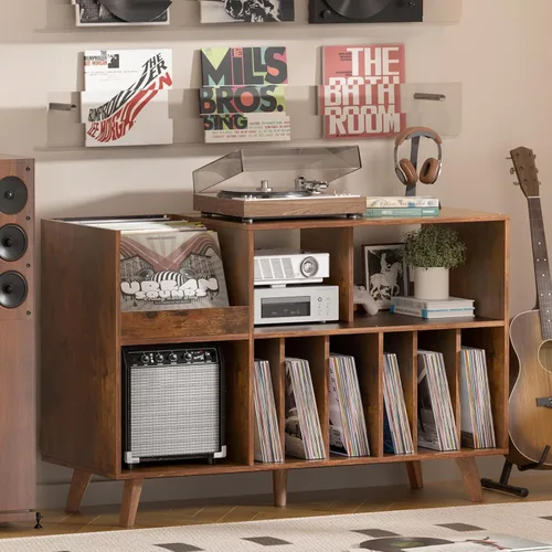 Miniatura 10 de LELELINKY Soporte grande para tocadiscos, soporte para tocadiscos de 48 pulgadas con almacenamiento, soporte para discos de vinilo con área