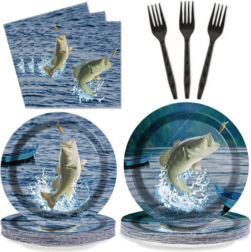 Gone Fishing - Platos de fiesta con servilletas Gone Fishin' Vajilla temática de pesca para torneo de Fishin, platos de papel desechables de