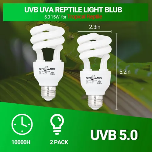 Miniatura 2 de REPTI ZOO Luz UVB para reptiles tropicales, paquete de 2 bombillas de reptil UVA UVB 5.0 15 W, lámpara UVB para crestado, Gecko, leopardo, gecko