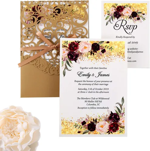 Miniatura 10 de 50 invitaciones de quinceañera personalizadas de 5x7.2 pulgadas, corte calado mediante láser, color rojo, con tarjetas RSVP y sobres, y banda