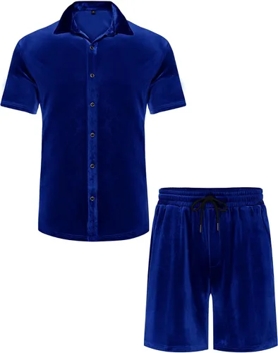 Miniatura 4 de LecGee Conjuntos de Pantalones Cortos Casuales de Verano para Hombres Camisa de Terciopelo de Manga Corta con Botones Pantalones Cortos de Cintura