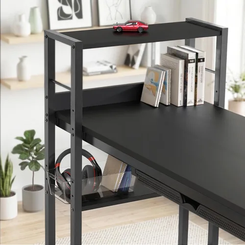 Miniatura 9 de SHW Escritorio para computadora de oficina en casa de 46 pulgadas con estante lateral y cajón, color negro