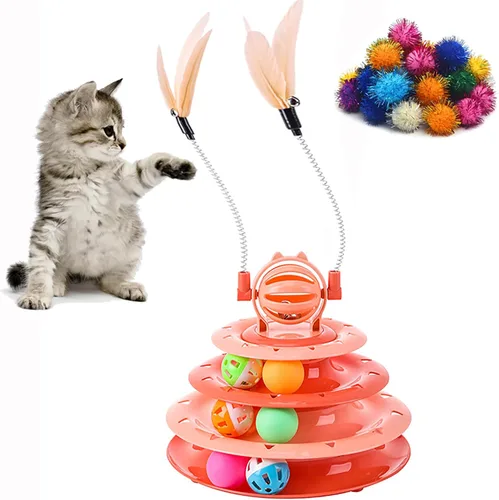 Vealind Rodillo de juguete para gatos, plato giratorio de 4 niveles, bolas de juguetes para gatos con 14 bolas de pompones coloridos, diversión