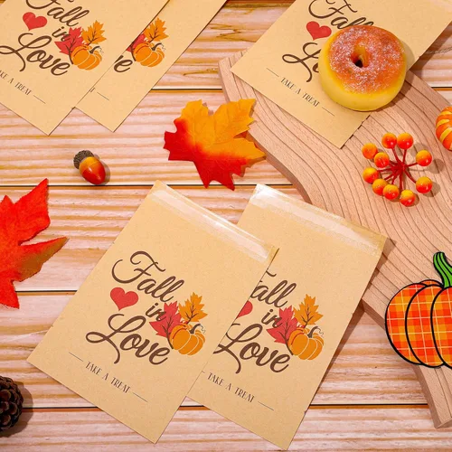 Miniatura 5 de Whaline Paquete de 100 bolsas de dulces para recuerdos de boda de otoño, bolsas de golosinas de calabaza, hojas de arce, autoadhesivas, papel kraft