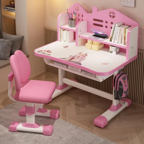 Miniatura 10 de Juego de escritorio y silla para niños, escritorio infantil de altura ajustable con cajones de almacenamiento y estantería, mesa ergonómica para Rosa
