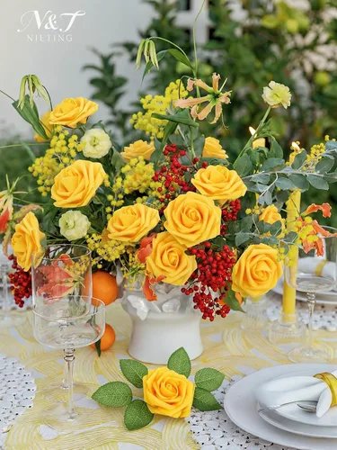 Miniatura 25 de N&T NIETING Flores artificiales, rosas artificiales de color rosa intenso, 50 piezas de flores falsas con tallo para ramos de boda DIY, centros