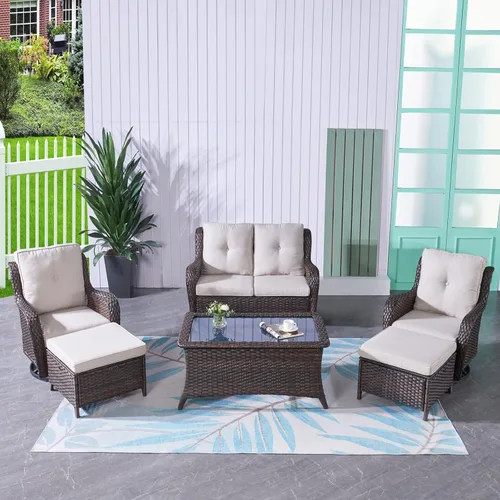 Miniatura 76 de HUMMUH Sillas Mecedoras Giratorias de Mimbre para Patio Exterior con Respaldo Alto, Sillas Deslizantes de Ratán PE, Juego de Muebles de Patio de 4