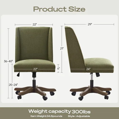 Miniatura 2 de Zihanhome Silla de oficina tapizada sin brazos con patas de madera, moderna y ajustable para oficina en casa, silla de escritorio, silla giratoria