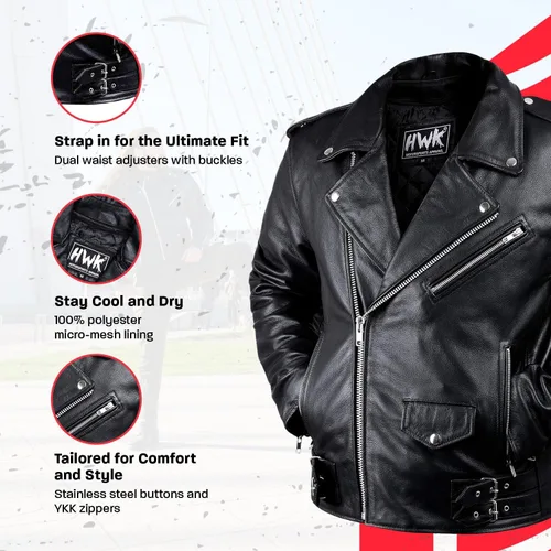 Miniatura 3 de HWK Brando - Chaqueta de cuero para motocicleta para hombre, chaqueta de cuero negro genuino con armadura CE extraíble para montar en moto