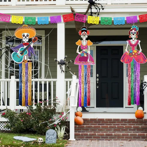 Miniatura 7 de TaoBary Juego de 15 decoraciones del Día de los Muertos de 34 pulgadas, decoración colgante de calavera de azúcar de 16.4 pies, pancartas de papel