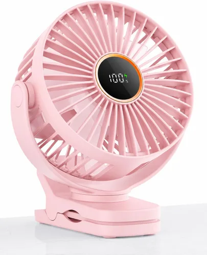 Miniatura 8 de TUNISE Mini ventilador con clip, ventilador de escritorio a pilas, pantalla digital, 3 velocidades ajustables, bidireccional ajustable de 360 °