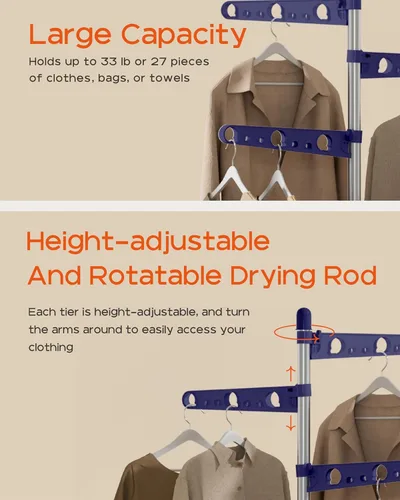 Miniatura 6 de CASAMAYA Tendedero plegable para ropa de 70.9 pulgadas, para 35 piezas de ropa, con rieles giratorios de altura ajustable, ahorro de espacio, acero