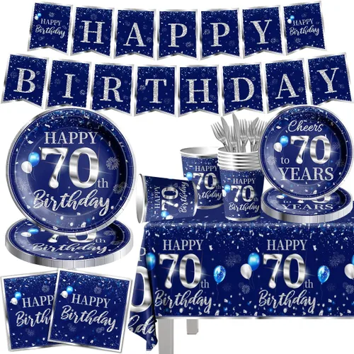 Miniatura 15 de Juego de vajilla de 142 piezas para decoración de cumpleaños número 50, color plateado y azul, suministros de fiesta de cumpleaños número 50