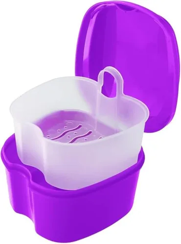 Estuche de protección bucal dental, 1 unidad, limpieza de caja de baño con cepillo, cesta coladora y tapa impermeable, color morado Blanco
