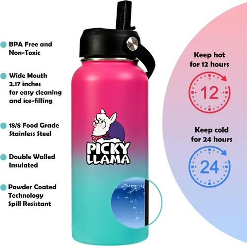 Miniatura 2 de Botella de agua de acero inoxidable aislada al vacío (Llama Kids Blue, 12 oz)