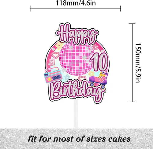 Miniatura 2 de Decoración retro de pastel de discoteca para niñas de 10 cumpleaños feliz hip hop, decoraciones de boombox, fiesta de patinaje sobre ruedas, fiesta