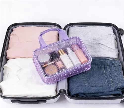 Miniatura 6 de SxoSyo Bolsas de maquillaje transparentes grandes para mujer, bolsa transparente para cosméticos, con asa, organizador de baño, Verde (Green Star)