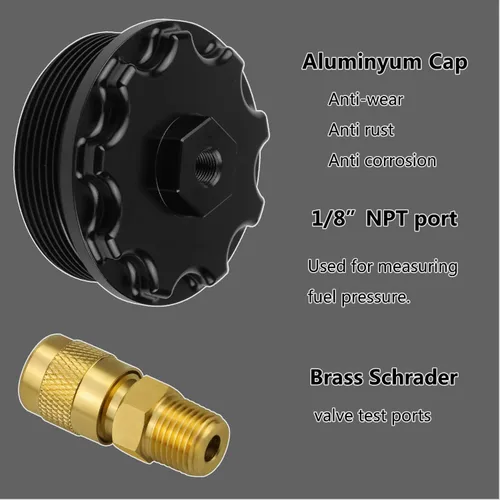 Miniatura 6 de Tapa del filtro de combustible con puerto de presión de combustible para Ford F250 F350 F450 F550 Super Duty International 6.0L Diesel Negro