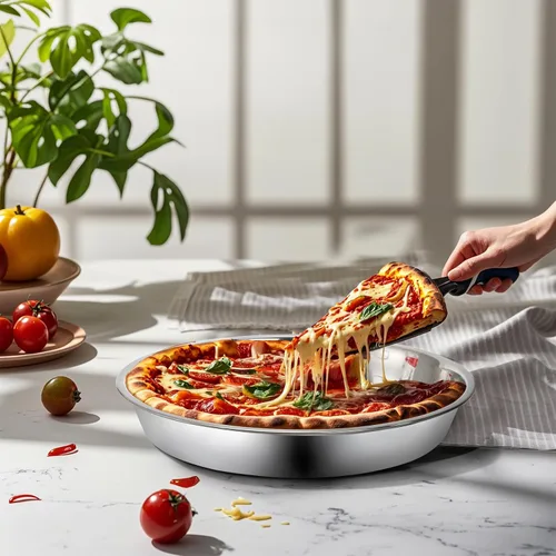 Miniatura 9 de Elsjoy - Paquete de 4 bandejas de pizza de acero inoxidable de 13 pulgadas, bandeja de pizza grande y gruesa para hornear, bandeja antiadherente