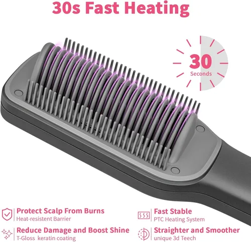 Miniatura 7 de Cepillo alisador de cabello, cepillo de alisado iónico 2000 para mujeres con 5 temperaturas 20 segundos, calentamiento rápido de doble voltaje