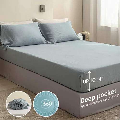 Miniatura 4 de Simple&Opulence Juego de sábanas de 100 % lino tamaño California King, 4 piezas de sábanas de cama de lino francés natural, juego de ropa de cama